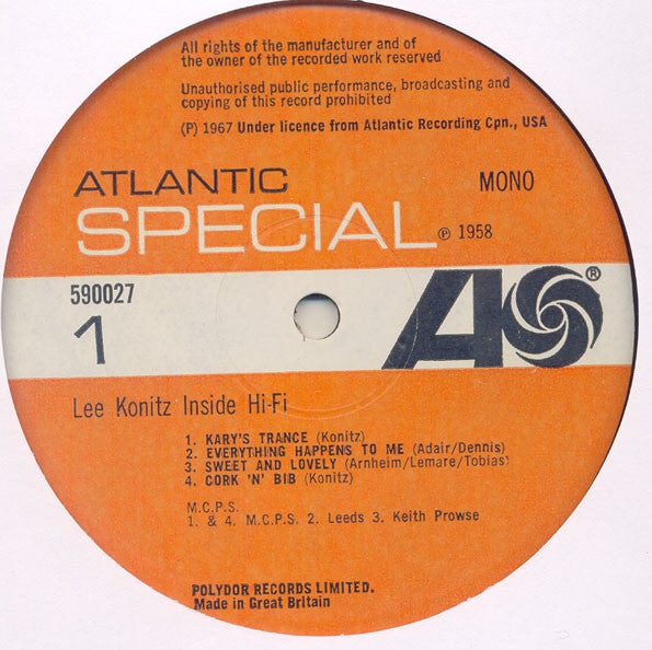 Lee Konitz : Inside Hi-Fi (LP, Album, Mono, RE)