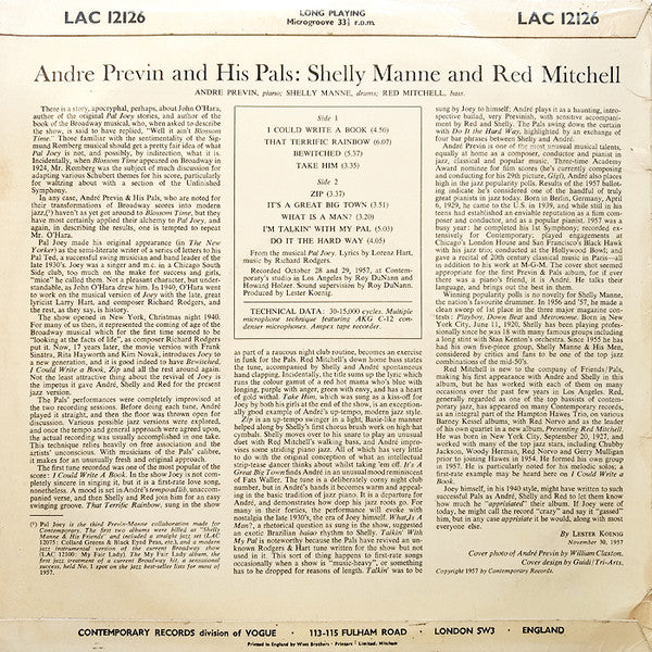 André Previn & His Pals : Modern Jazz Performances Of Songs From Pal Joey (LP, Album)