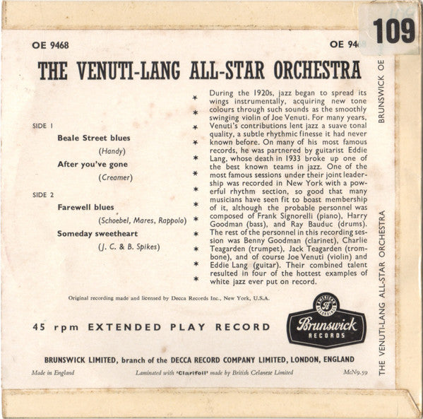 Eddie Lang-Joe Venuti And Their All Star Orchestra : The Venuti-Lang All-Star Orchestra (7", EP)