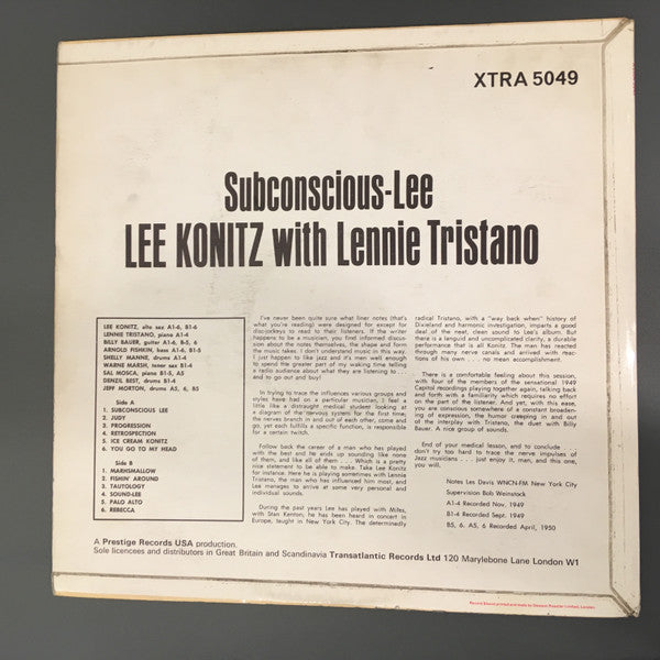 Lee Konitz With Lennie Tristano : Subconscious-Lee (LP, Comp, RE)
