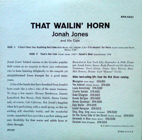 Jonah Jones And His Cats : That Wailin' Horn (7", EP)