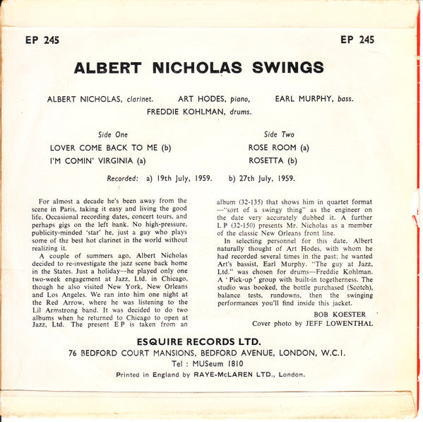 Albert Nicholas Quartet : Albert Nicholas Swings.... (7", EP)