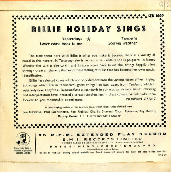 Billie Holiday : Billie Holiday Sings (7", EP)