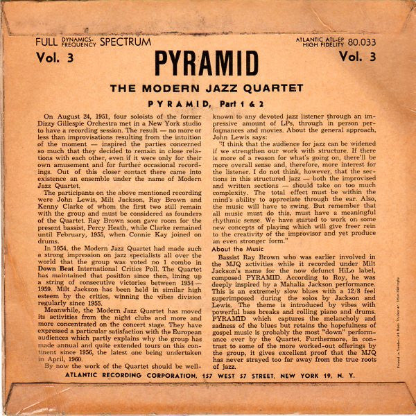 The Modern Jazz Quartet : Pyramid - Vol. 3 (7", EP)