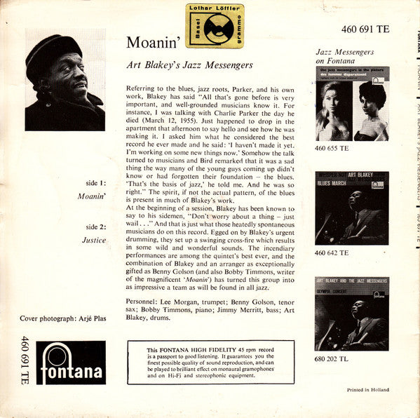 Art Blakey & The Jazz Messengers : Moanin' / Justice (7", Mono)