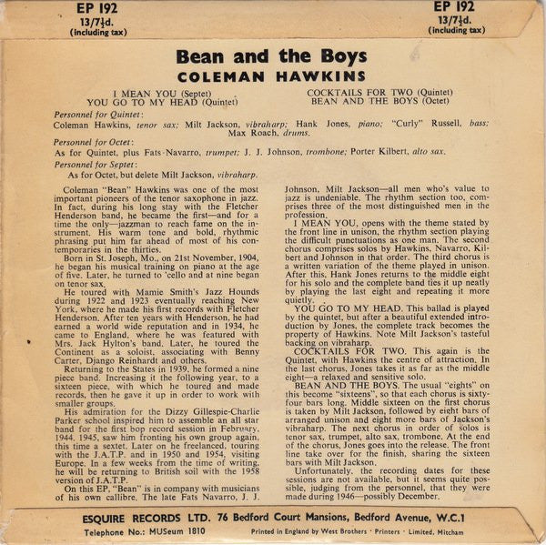Coleman Hawkins : Bean And The Boys (7", EP)