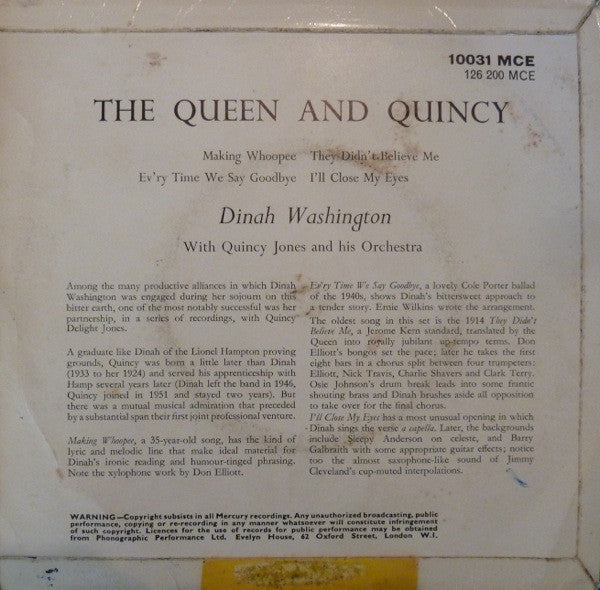 Dinah Washington With Quincy Jones And His Orchestra : The Queen & Quincy (7", EP)