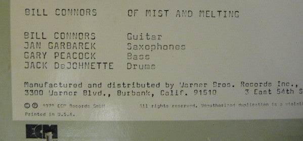 Bill Connors : Of Mist And Melting (LP, Album)