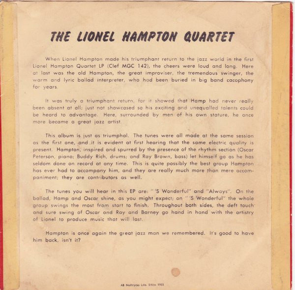 Lionel Hampton And His Quartet : The Lionel Hampton Quartet (7", EP)