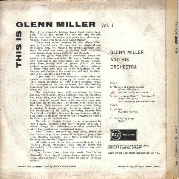 Glenn Miller And His Orchestra : The Is Glenn Miller Vol. 1 (7", EP, Mono)