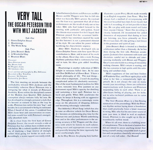 The Oscar Peterson Trio With Milt Jackson : Very Tall (LP, Album, RE)