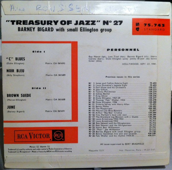 Barney Bigard, Duke Ellington : Treasury Of Jazz N°27 - Barney Bigard With Small Ellington Group (7", EP, Mono)
