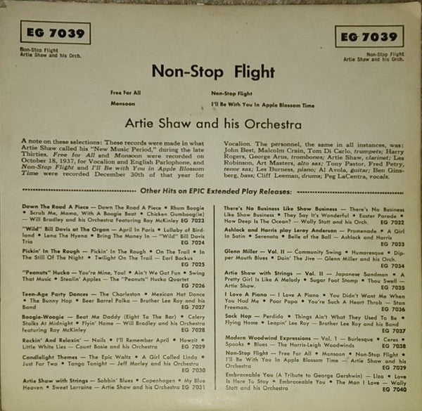 Artie Shaw And His Orchestra : Non-Stop Flight (7", EP, Mono)