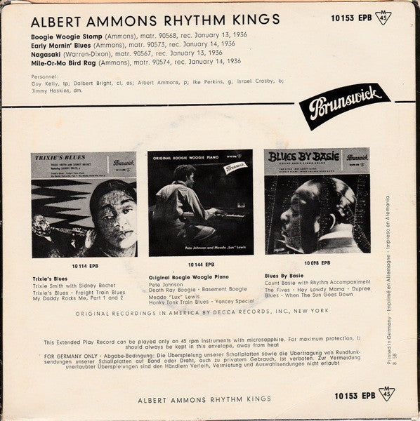 Albert Ammons And His Rhythm Kings : Original Boogie Woogie Piano (7", EP)
