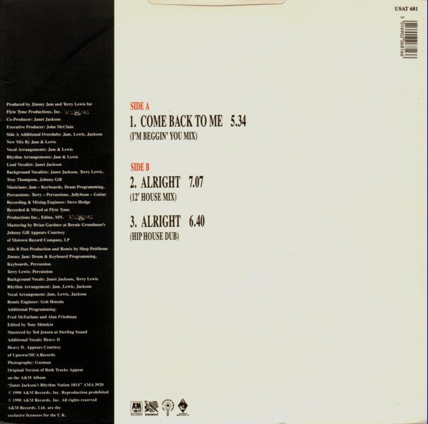 Janet Jackson : Come Back To Me / Alright (12", Single)