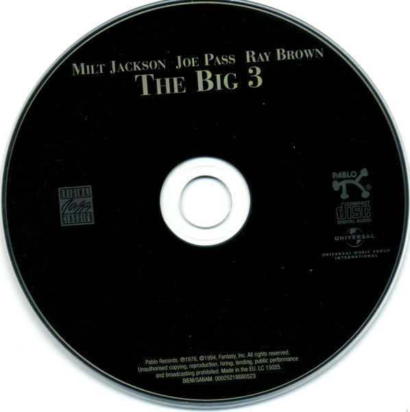 Milt Jackson, Joe Pass, Ray Brown : The Big 3 (CD, Album, RE, RM)