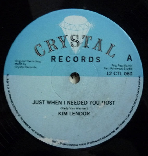 Kim Lendor : Just When I Needed You Most (12", Single)