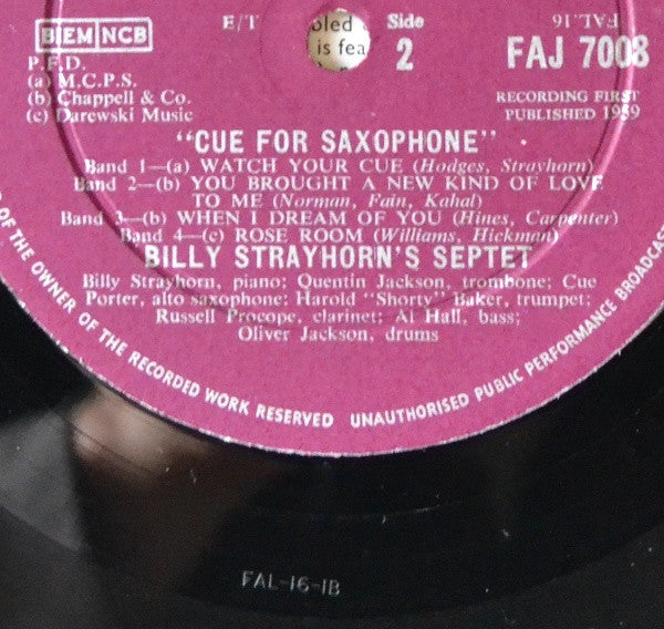 Billy Strayhorn's Septet : Cue For Saxophone (LP, Album, Mono)