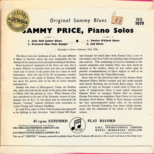 Sammy Price : Original Sammy Blues (7", EP)