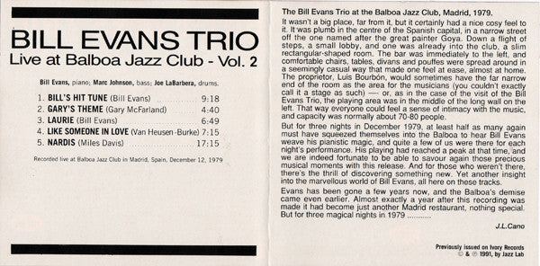 The Bill Evans Trio : Live At Balboa Jazz Club Vol. 2 (CD, Comp)