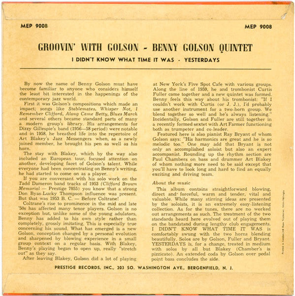 Benny Golson : Groovin' With Golson (7", EP, Mono, 4-L)