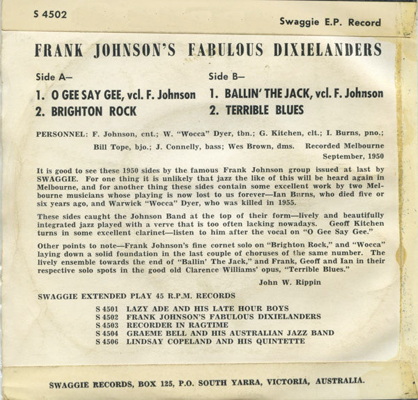 Frank Johnson's Fabulous Dixielanders : Frank Johnson's Fabulous Dixielanders (7", EP, Mono)