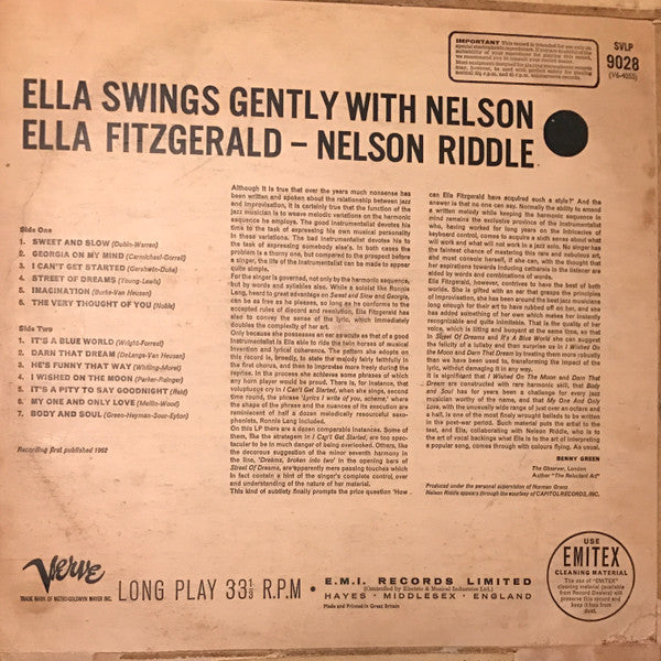Ella Fitzgerald With Nelson Riddle And His Orchestra : Ella Swings Gently With Nelson (LP, Album)
