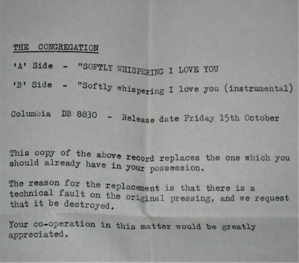 The Congregation* : Softly Whispering I Love You (7", Single, Mono, Sol)