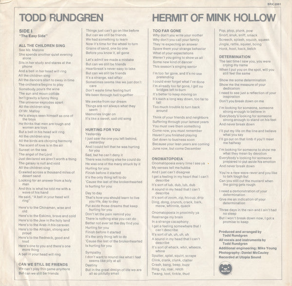 Todd Rundgren : Hermit Of Mink Hollow (LP, Album, Jac)