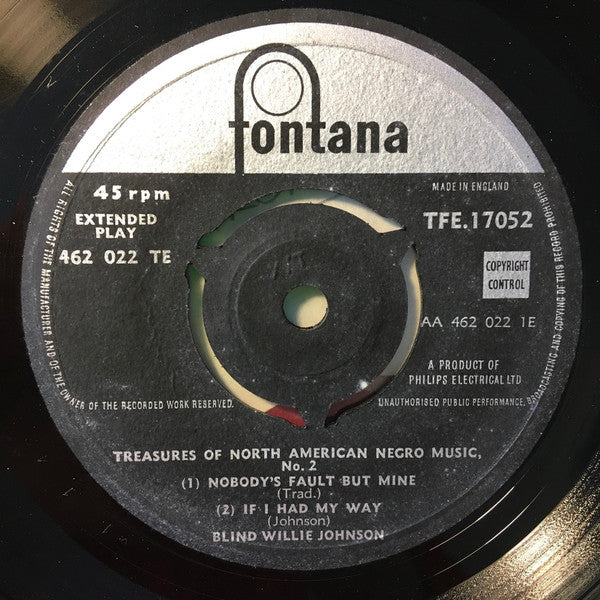 Blind Willie Johnson : Treasures Of North American Negro Music, Volume 2 (7", EP, Comp)