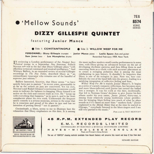 Dizzy Gillespie Quintet Featuring Junior Mance : Mellow Sounds (7", EP, Mono)
