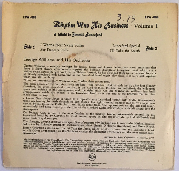 George Williams And His Orchestra : Rhythm Was His Business (A Salute To Jimmie Lunceford), Volume 1 (7", EP)
