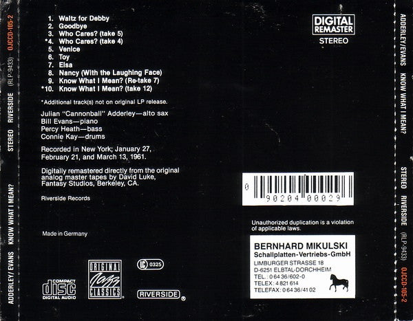Cannonball Adderley With Bill Evans : Know What I Mean? (CD, Album, RE, RM)