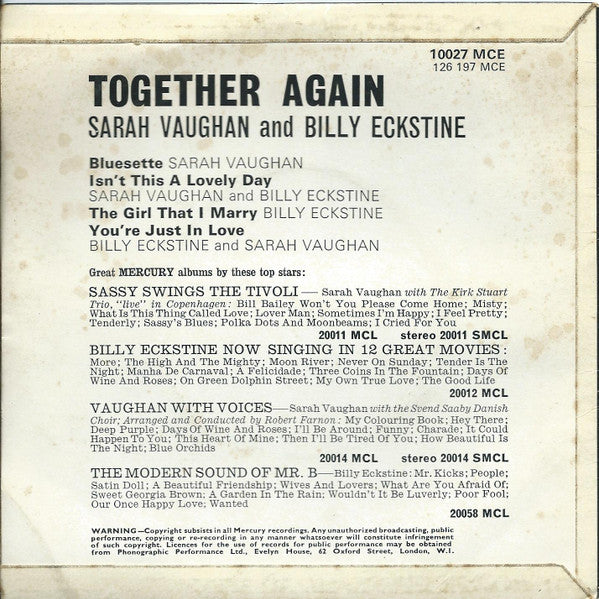 Sarah Vaughan And Billy Eckstine : Together Again (7", EP, Mono)