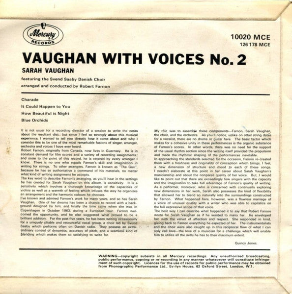 Sarah Vaughan : Vaughan With Voices No.2 (7", EP, Mono)