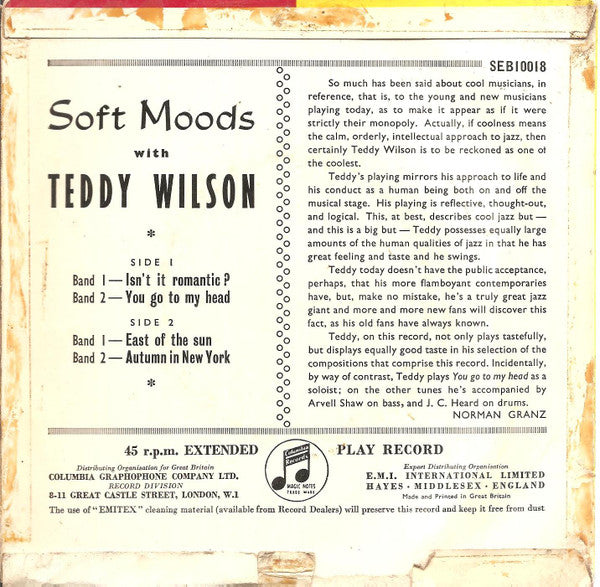 Teddy Wilson : Soft Moods With Teddy Wilson (7", EP)