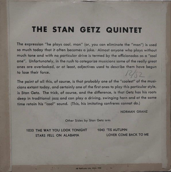 Stan Getz Quintet : The Stan Getz Quintet (7", EP)