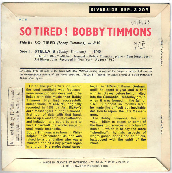 Bobby Timmons : So Tired (7", EP, Mono)