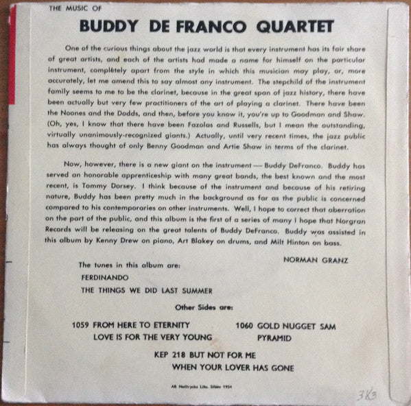 Buddy DeFranco Quartet : The Music Of Buddy DeFranco (7", EP)