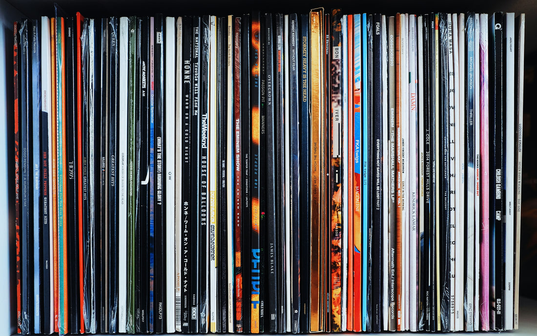 Vinyl records stored upright on a shelf