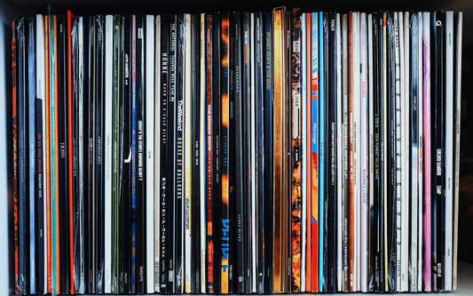 Vinyl records stored upright on a shelf