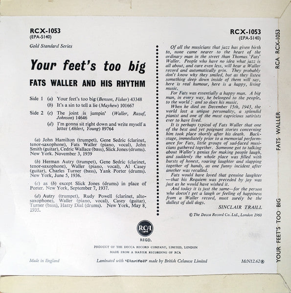 Fats Waller & His Rhythm : Your Feet's Too Big (7", EP, RE)