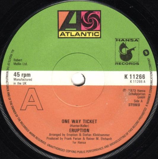 Eruption (4) : One Way Ticket (7", Single)