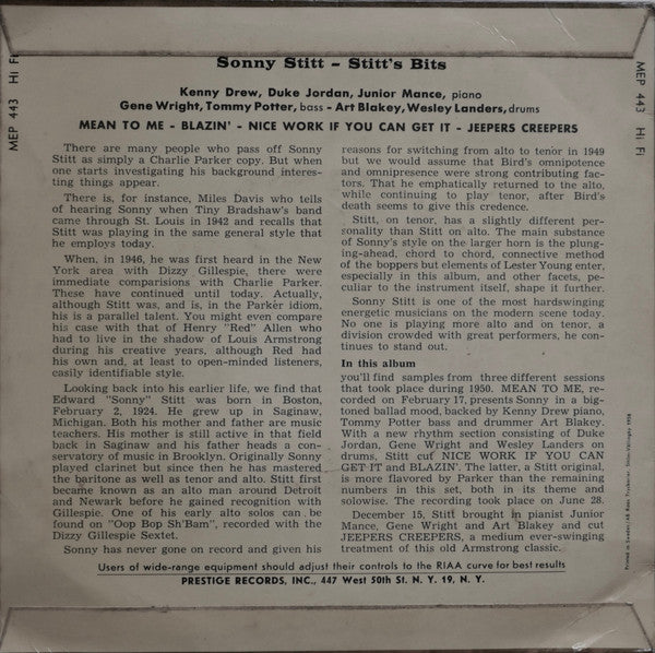 Sonny Stitt : Stitt's Bits (7", EP)