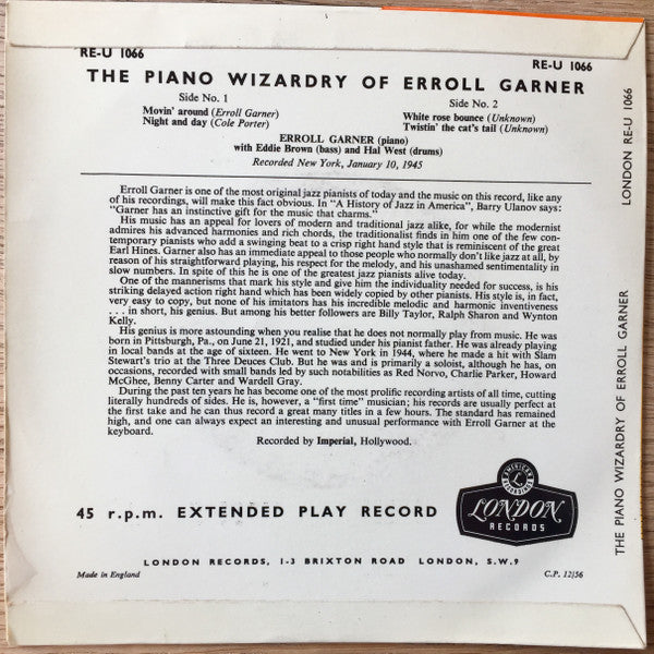 Erroll Garner : The Piano Wizardry Of Erroll Garner (7", EP)