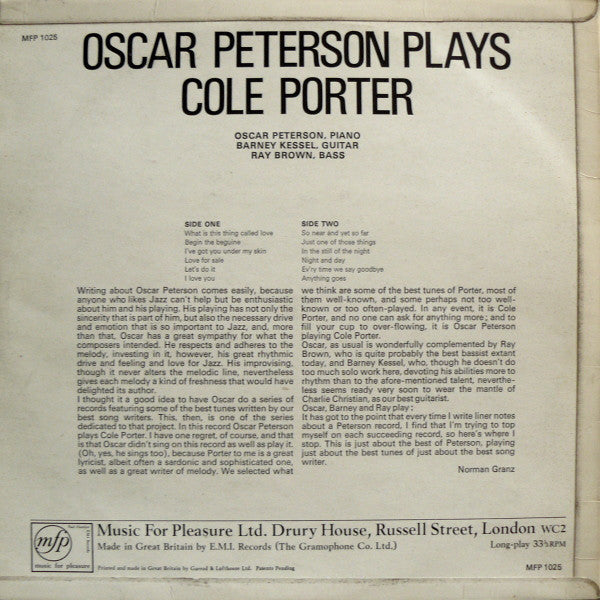 Oscar Peterson, Barney Kessel, Ray Brown : Oscar Peterson Plays Cole Porter (LP, Album, Mono)