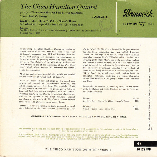 The Chico Hamilton Quintet : Sweet Smell Of Success Vol. 1 (7", EP)
