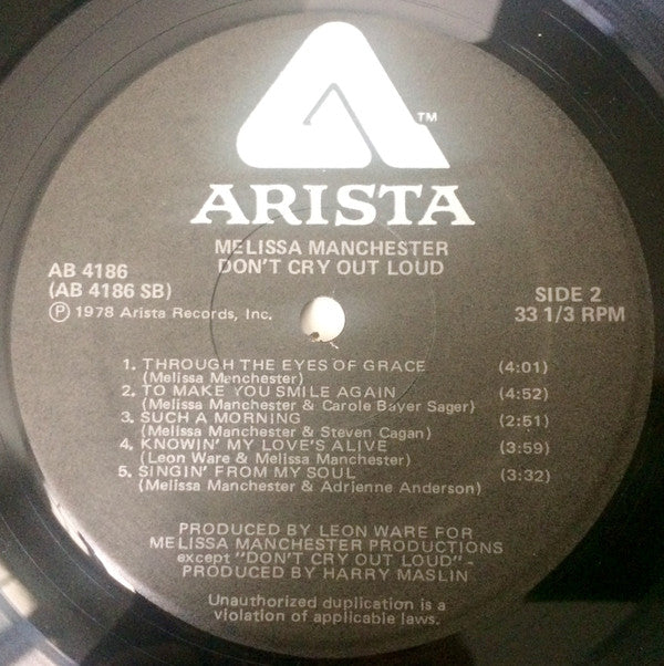 Melissa Manchester : Don't Cry Out Loud (LP, Album, San)