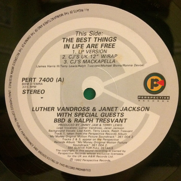 Luther Vandross & Janet Jackson With Special Guests Bell Biv Devoe & Ralph Tresvant : The Best Things In Life Are Free (12", EP)