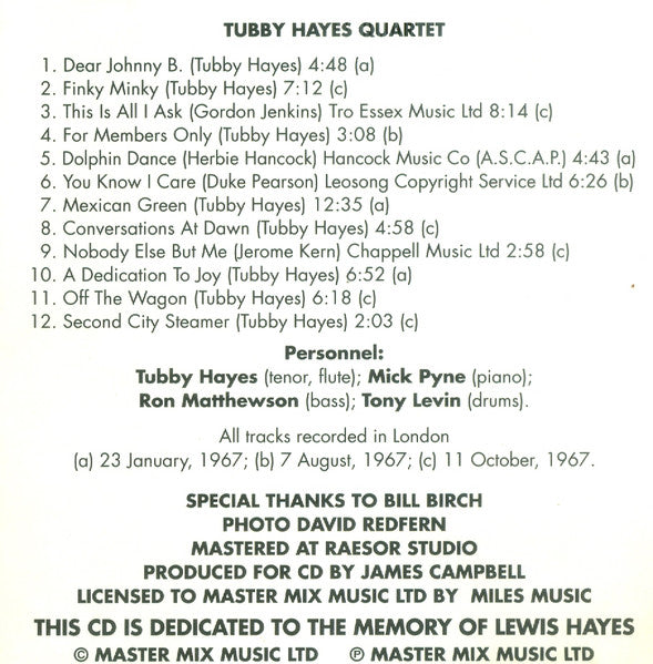 Tubby Hayes Quartet : For Members Only (CD, Album)